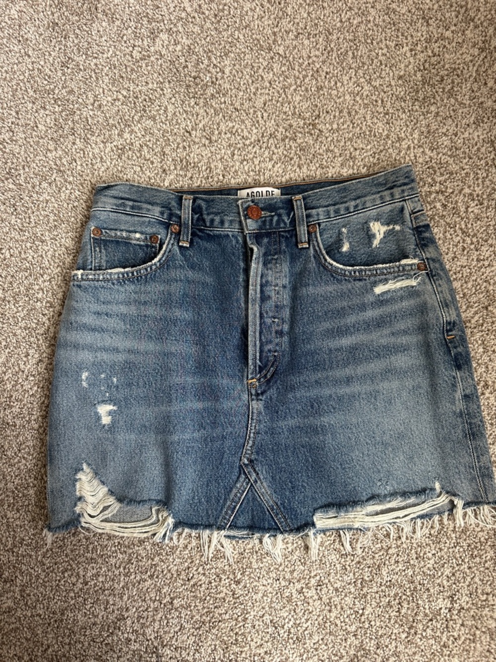 Agolde Distressed Blue Denim Mini Skirt with Raw Hem